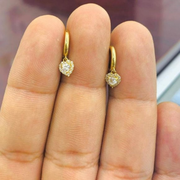 14K Yellow Gold CZ Huggies Hoop Earrings Heart Drop Earrings for Womens Aretes - Picture 3 of 6